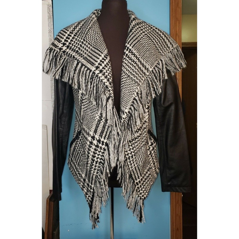 Guess Women's Wool Blend Faux Leather Arms Fringe Trim Plaid MOTO Jacket Sz M‎